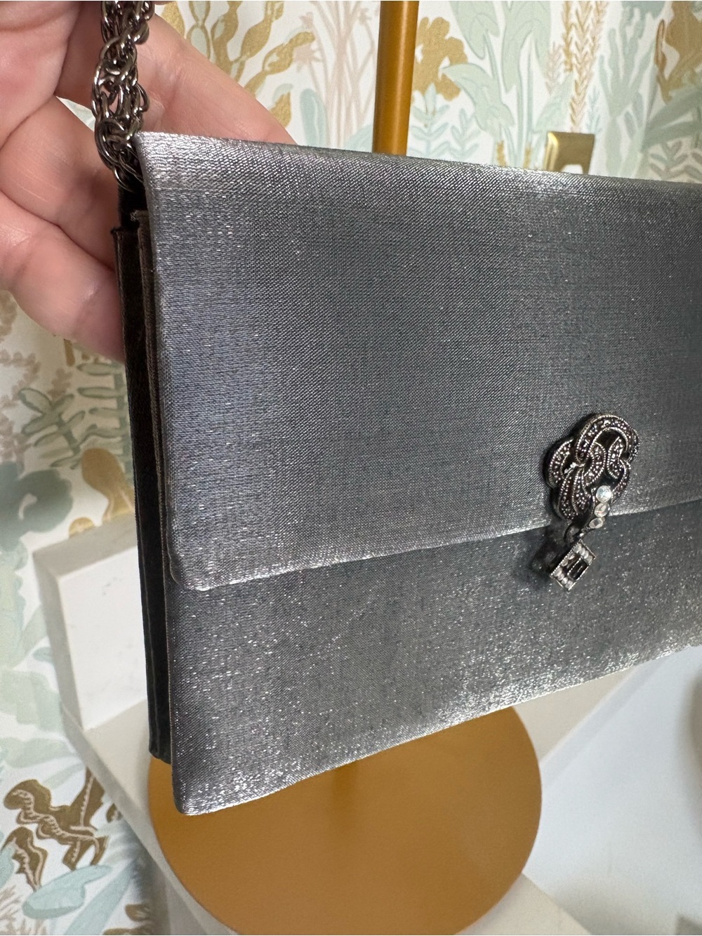 Metallic Gunmetal Silver Small Evening Bag with Jeweled Clasp and Chain handle